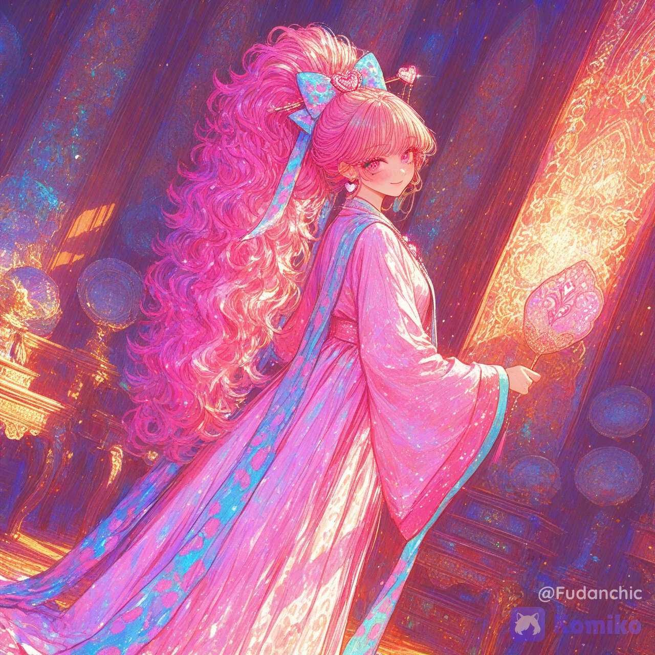 hanfu, pink hanfu, smile, solo focus, alternate costume, chinese castle, chinese hairpin, hair ornament, traditional clothing, Chinese empress costume, smile, throne, hand fan, jewelry, ),ultra-8k anime illustration, ultra-absurdres, score_9, score_8_up, score_7_up, looking at viewer, dynamic view, long flowing hair, glossy wet shiny skin, flawless skin, extremely intricate details, breathtaking beauty, rich textures, vibrant saturated colors, immaculate lineart, razor sharp lines, dramatic cinematic lighting, strong rim lighting, volumetric god rays, sparkling particles, depth of field, intense atmosphere, stunning composition, long dress, wide sleeves, modest clothing, very long dress, updo, [sweet-painting-style], @aika-nao-Yd4U