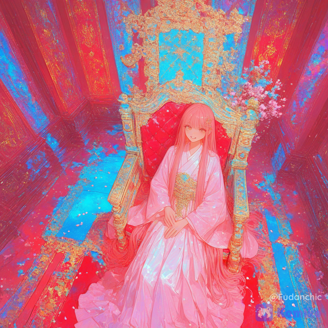hanfu, pink hanfu, smile, solo focus, alternate costume, chinese castle, chinese hairpin, hair ornament, traditional clothing, Chinese empress costume, smile, throne, hand fan, jewelry, sitting, ornate jewelry, clothing, ),ultra-8k anime illustration, ultra-absurdres, score_9, score_8_up, score_7_up, looking at viewer, dynamic view, long flowing hair, glossy wet shiny skin, flawless skin, extremely intricate details, breathtaking beauty, rich textures, vibrant saturated colors, immaculate lineart, razor sharp lines, dramatic cinematic lighting, strong rim lighting, volumetric god rays, sparkling particles, depth of field, intense atmosphere, stunning composition, long dress, wide sleeves, modest clothing, very long dress, [sweet-painting-style], @aika-nao-Yd4U