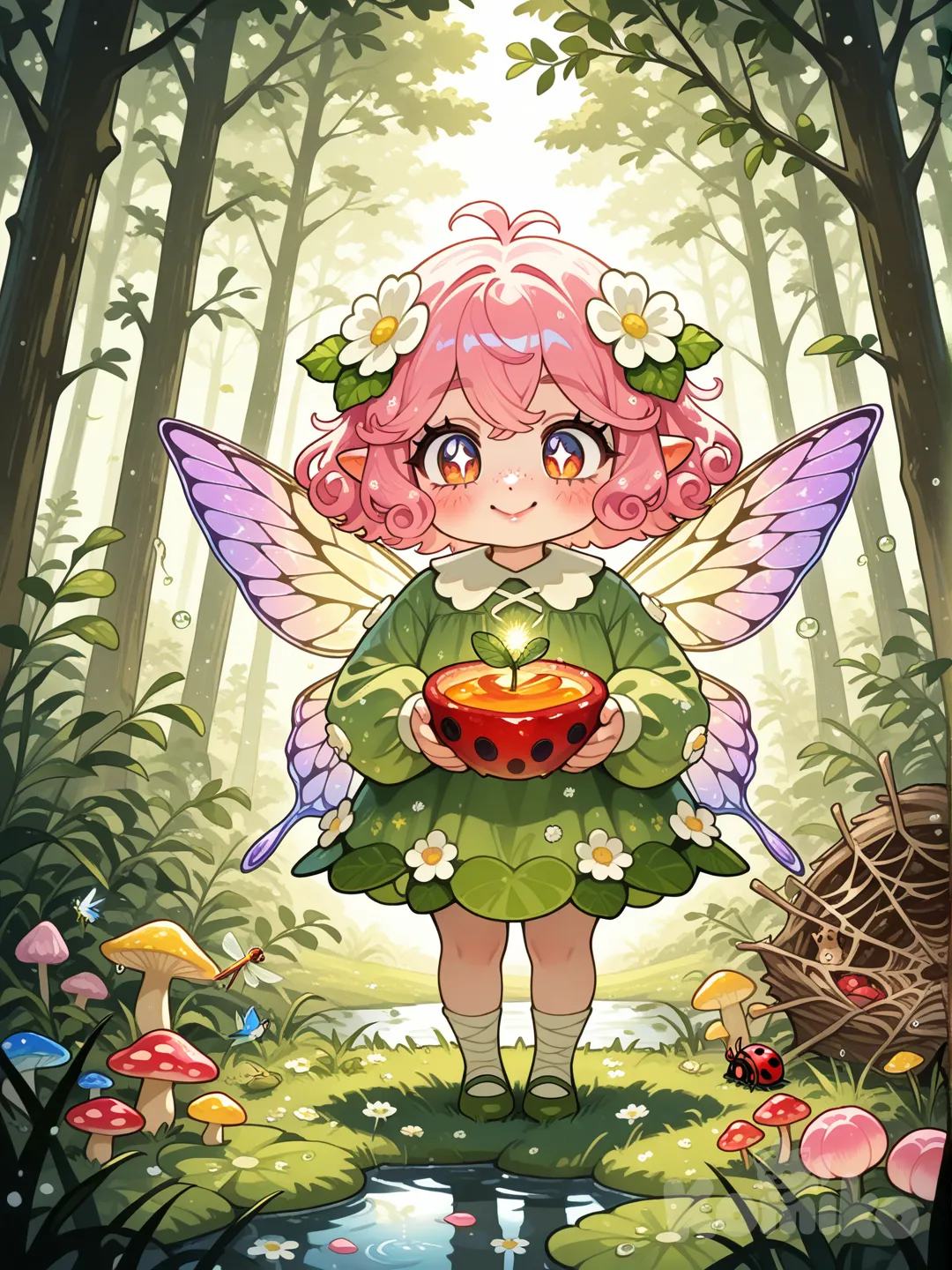 A hyper-whimsical 8K render of a chubby-cheeked gender-neutral forest sprite with cotton-candy pink curly hair that puffs like dandelion fluff, dotted with tiny white clover blooms and a single glittering dewdrop perched on a ringlet, large round amber eyes with long fluttery lashes that sparkle like crushed topaz, a button nose dusted with freckles the color of peach blossoms, and plump rose-pink lips curved into a shy, giggly smile—they stand at knee-height to a human, with translucent dragonfly-like wings that shimmer in iridescent hues of lavender, mint, and gold, veined like stained glass and fluttering softly enough to stir the surrounding dewdrops. They wear a tiny dress woven from soft moss and daisy petals, the hem lined with cascading baby’s breath that sways with every movement, paired with little ankle wraps made from twisted grapevines adorned with tiny glowing firefly-shaped beads that emit a warm, gentle yellow light. In one tiny hand, they clutch a miniature acorn cup filled with sweet nectar, condensation glistening on the rim, and in the other, they hold a sprig of fresh mint with a ladybug crawling on the leaf. The sprite perches on a sun-warmed mushroom cap the size of a dinner plate, its cap a vibrant red dotted with white spots that glow faintly, growing amidst a lush bed of clover, buttercups, and tiny blue forget-me-nots—dew drops cling to every petal and blade of grass, refracting sunlight into tiny rainbows that dance around them. Behind them, a gnarled old oak tree with peeling bark and twisting branches provides dappled shade, its crevices filled with glowing lichen and tiny nests made from spider silk and dried grass, while a small stream babbles nearby, its water crystal-clear and dotted with floating lily pads the size of coins. A family of tiny field mice scurries past, carrying tiny berries in their paws, and a hummingbird hovers nearby, sipping nectar from a nearby foxglove bloom. The scene is bathed in soft, golden morning sunlight filtering through the tree canopy, casting warm, fuzzy shadows on the forest floor, with gentle rays of light illuminating dust motes and floating pollen. Every detail is rendered with microscopic precision: the soft, pillowy texture of the sprite’s cheeks, the individual strands of curly hair catching the light, the delicate veins on their wings, the fuzzy texture of the moss dress, the tiny ridges on the acorn cup, the glossy shell of the ladybug with its perfect black spots, the dewdrops’ spherical shape and rainbow reflections, the rough texture of the mushroom cap, the soft fur on the field mice, the translucent petals of the flowers, and the way the sunlight makes the sprite’s wings glow from within. Whimsical lighting, pastel color palette, shallow depth of field, hyper-realistic soft textures, sparkly ambient dust, photorealistic fabric-like moss and petals, lifelike wing movement, atmospheric warmth, hyperdetailed nature elements (down to the veins on grass blades and the texture of tree bark), trending on ArtStation, Unreal Engine 5, Octane Render, ray tracing for dewdrop reflections, cute and cozy composition, magical forest ambiance, tiny scale with oversized nature details, innocent and joyful expression.
