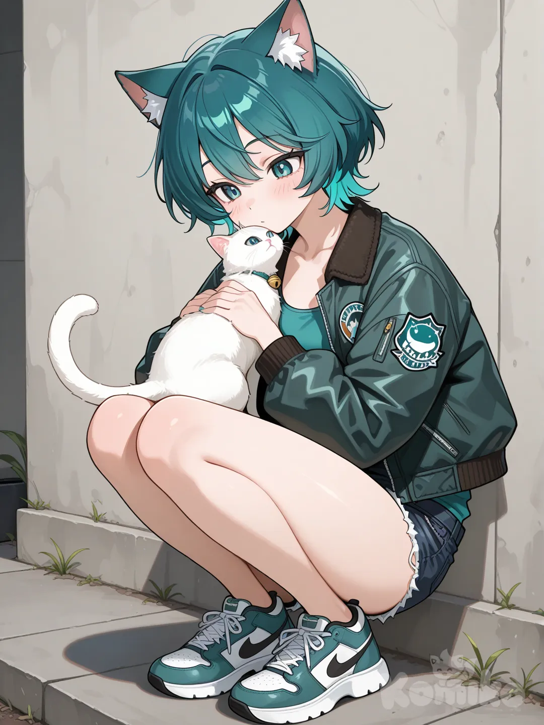 cat ears, teal hair, short hair, sneakers, black jean short shorts, open bombler jacker teal and black, teal tank top , holding white cat