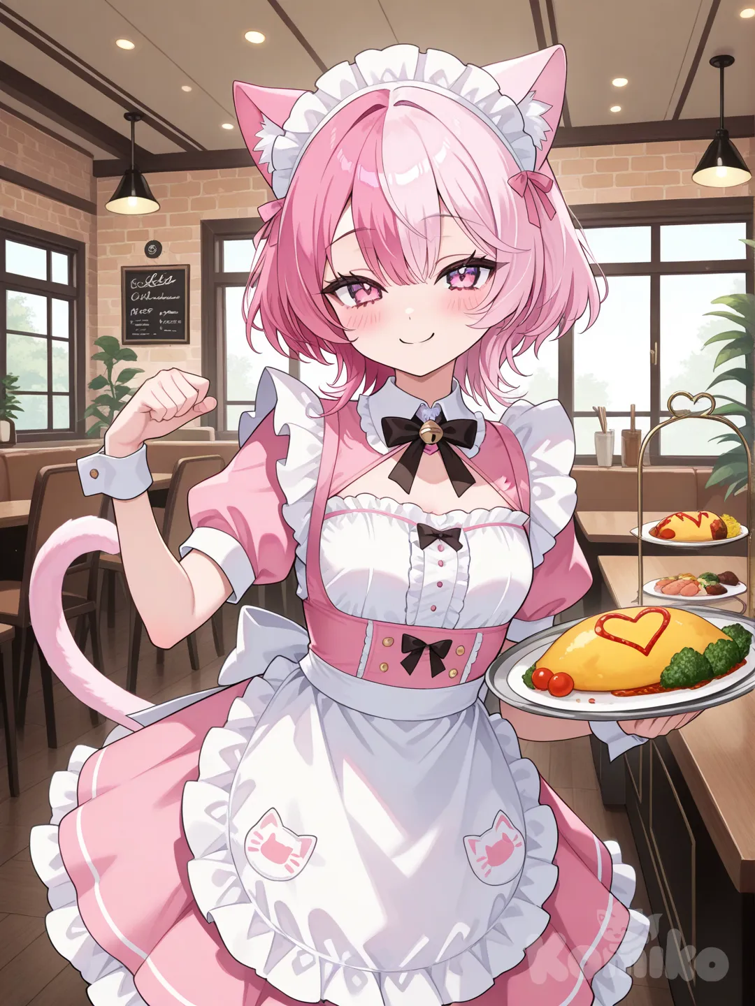 two tone hair , half black , half pink, short hair, slender, small breasts, pink eyes, pink maide outfit, cat ears, cat tail, pink maid outfit, serving omlet at maid cafe , cute pose
