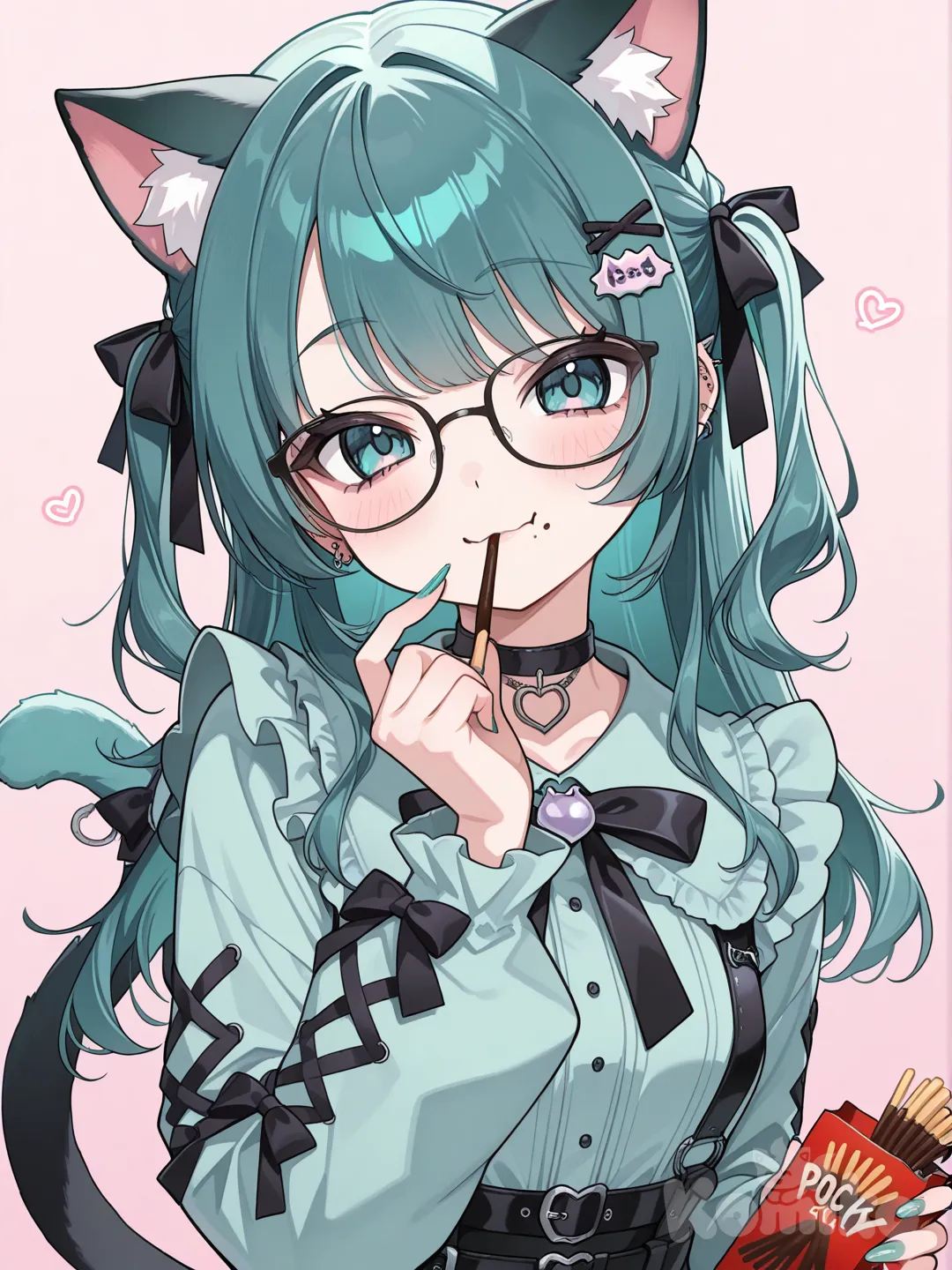 teal hair, teal eyes, glsses, small breasts, cat ears, cat tail, teal jirai kei, eating pocky, cute pose, eating pocky, small breasts