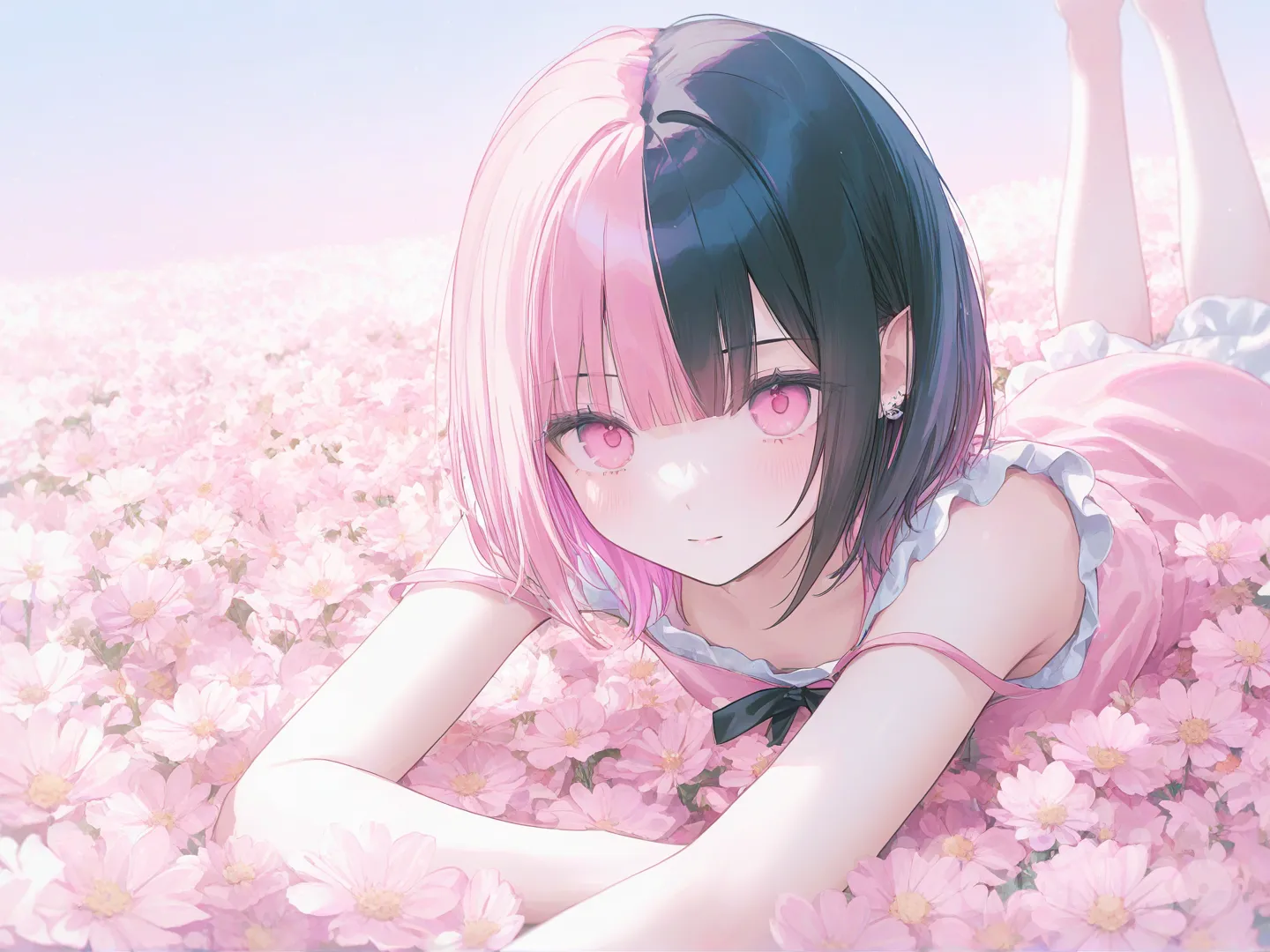 1girl, [soft-pastel-style], lie on stomach, pastel baby pink, depth of side light, flower , flower field, two tone hair , half black , half pink, short hair, slender, small breasts, pink eyes, jirai kei, my melody