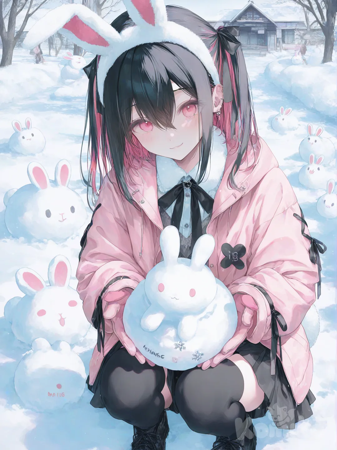 has two-tone hair (half black, half pink), pink eyes, slender build, wearing a dark pastel Jirai Kei outfit with with thigh-highs, and has a pink jacket and , pink gloves , she is building a cute snow bunnt , on a really pretty winter day, and there are some white bunnies watching her do it, she is happy , no toilets, [sweet-pastel-style]