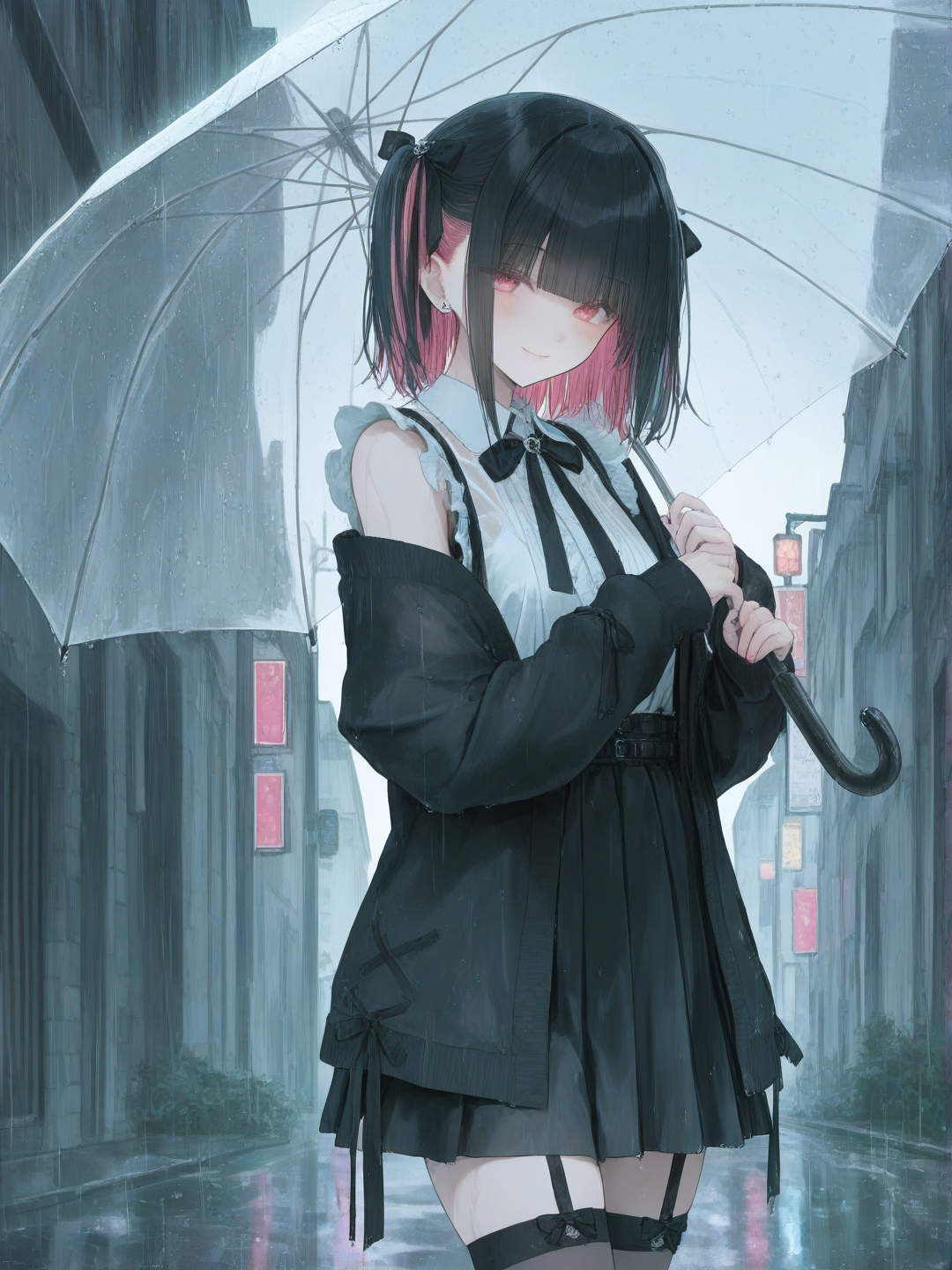 has two-tone hair (half black, half pink), pink eyes, slender build, wearing a dark pastel Jirai Kei outfit with with thigh-highs, holding clear umbrella, rain day city, cute smile, [sweet-pastel-style] smile having fun