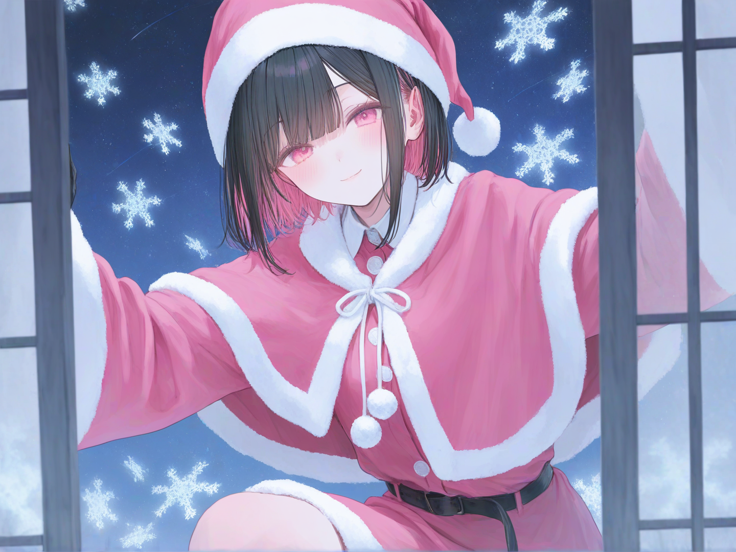 two tone hair , half black , half pink, short hair, slender, small breasts, pink eyes, pink stana hat, pink santa costume . climbing into your windoe chirstmas eve night, [sweet-pastel-style] smile, sack of presents