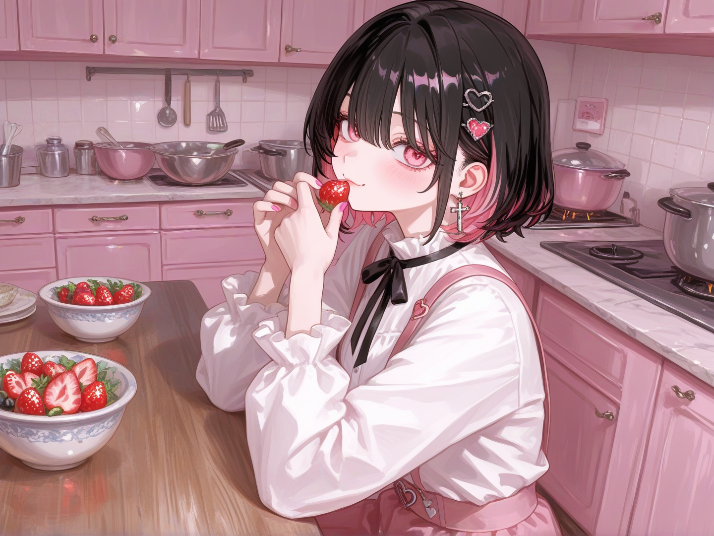 @ari-chan-vsh1, eating bowl of strawberries at home in cute kitchen [sensual-glossy-style]