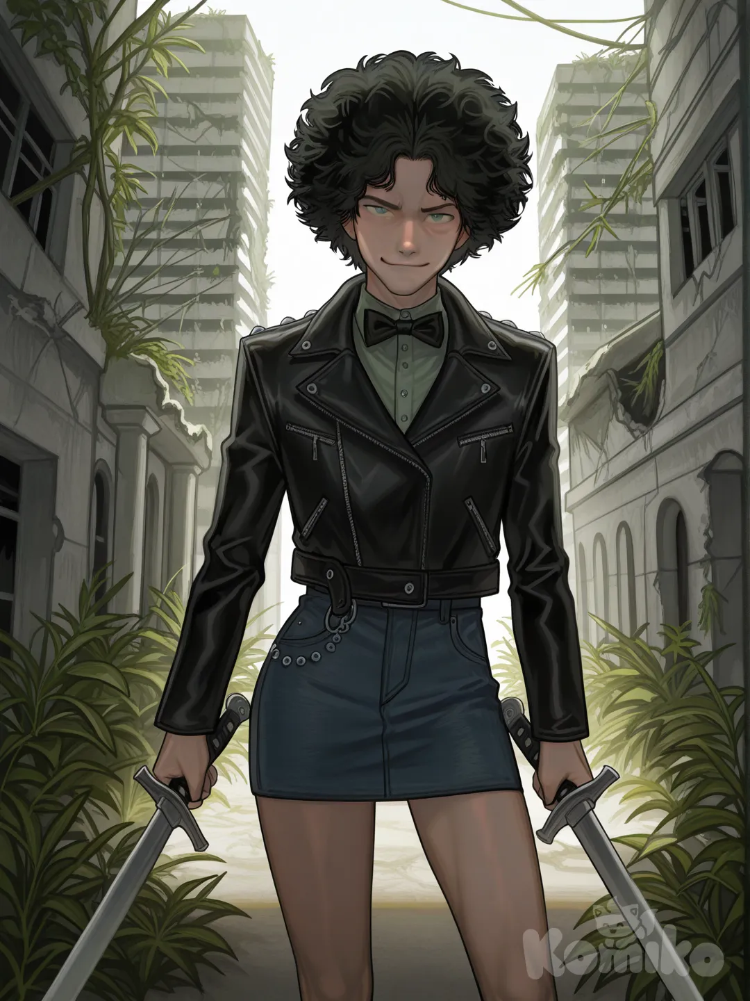 1boy, [digital-painterly-style], holding sword, leather jacket, looking at viewer, ambient light, ruins, denim skirt, studs, bow tie, afro, charcoal black, olive green, smirk