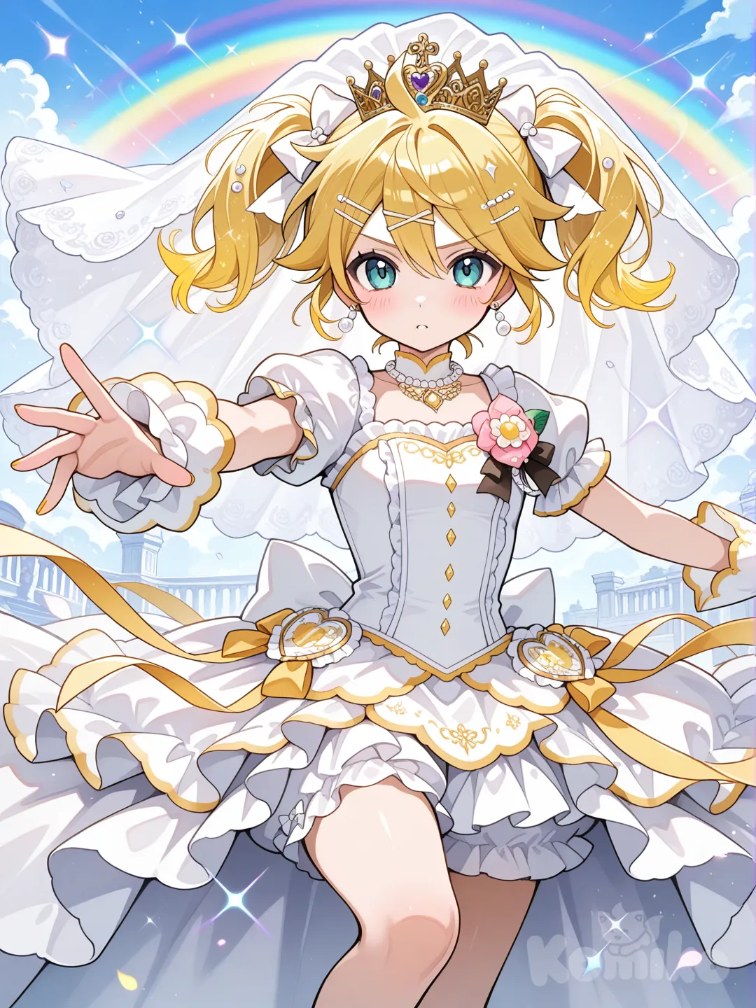 @Kagamine_Len魔法少女變身, ruffles, lace, crown, wedding veil, hair accessory, hairpin, headband, bow, earrings, corsage, necklace, pearls, diamonds, jewelry, twin tails, blonde hair, gradient, rainbow, sparkle