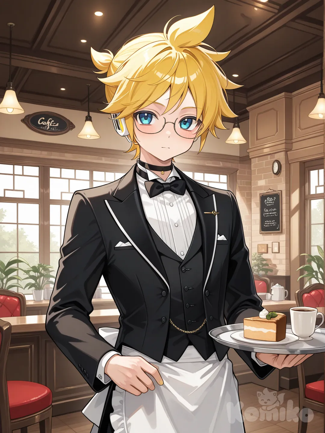 @Kagamine_Len扮成執事在執事咖啡廳打工, bow tie, choker, glasses