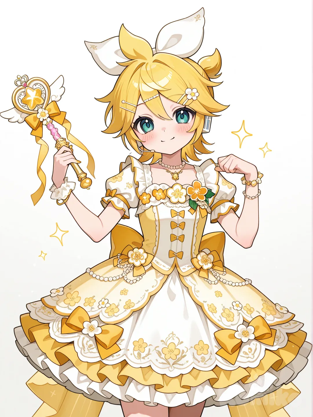 @Kagamine_Len花系魔法少女,手持花木魔法棒, ruffles, lace, corsage, bow, hairpin, hair accessory, jewelry, necklace, bracelet