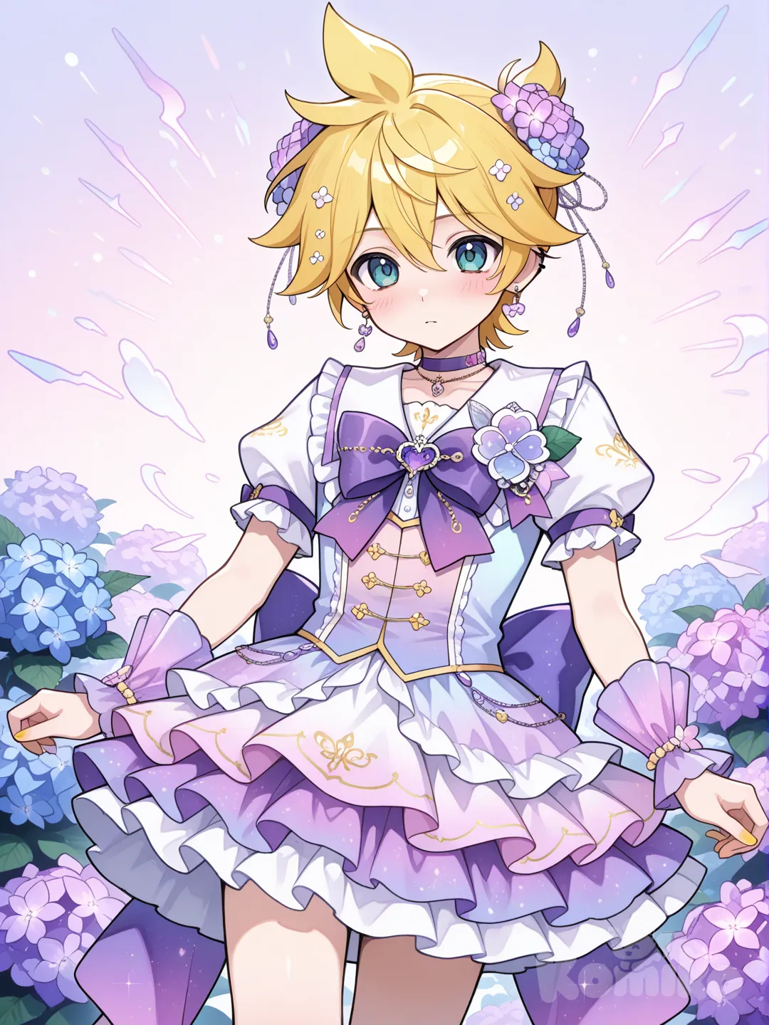 @Kagamine_Len變身成繡球花風格的魔法少女,顏色由紫色由下往上逐漸變成洋紅色, ruffles, hair accessory, corsage, bow, earrings, necklace, bracelet, gradient