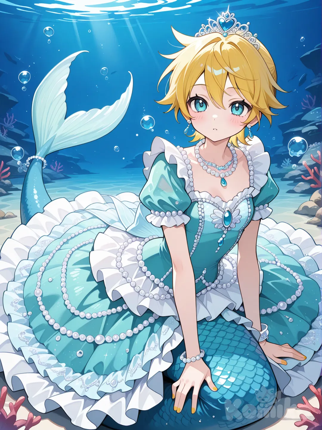 @Kagamine_Len變身成人魚公主風格的魔法少女,服裝的顏色以水藍色為主, 服裝款式是魚尾裙,ruffles, lace, earrings, necklace, bracelet, pearls, crown, gradient