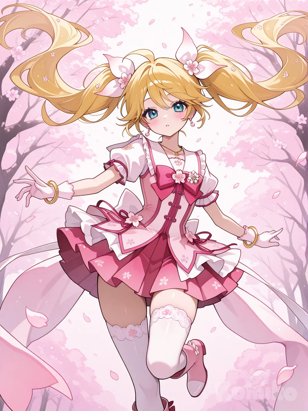 @Kagamine_Len變身成守護櫻花的魔法少女,服裝的顏色是櫻花色,裝飾以櫻花花瓣為主, ruffles, lace, corsage, hair accessory, earrings, necklace, bracelet