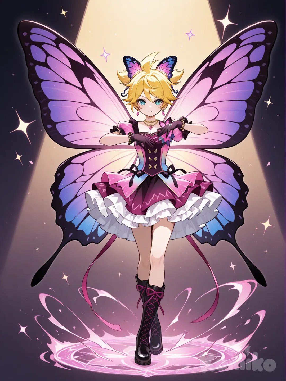 @Kagamine_Len變身成守護蝴蝶的魔法少女,洋紅色, ruffles, hair accessory, corsage, earrings, necklace, bracelet, jewelry, gradient