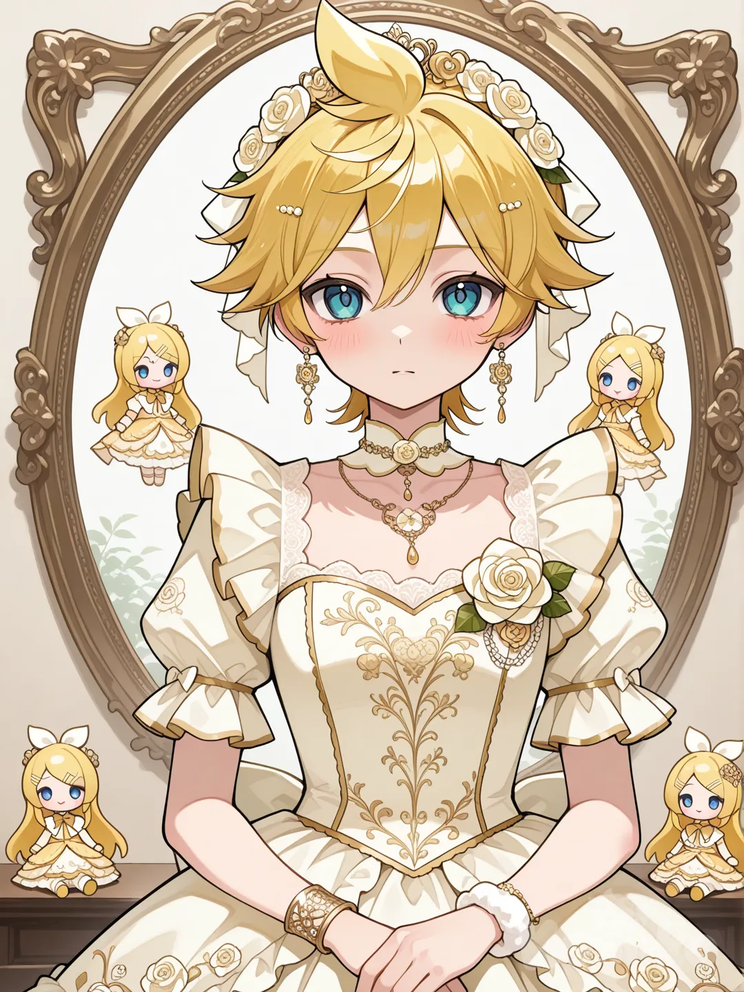 @Kagamine_Len變身成玫瑰風格的魔法少女,如同歐洲的人偶般精美, ruffles, corsage, crown, jewelry, necklace, earrings, bracelet