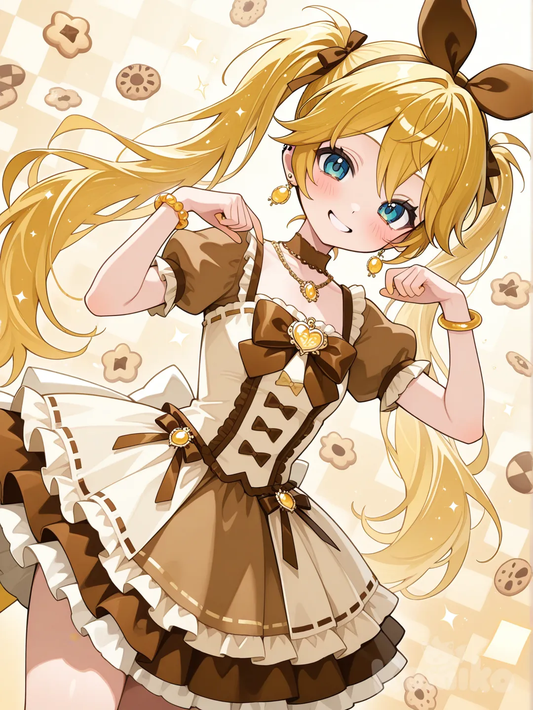 @Kagamine_Len變身成曲奇餅乾風格的魔法少女,服裝款式是曲奇餅乾的格紋圖樣,顏色是曲奇餅乾的顏色, ruffles, headband, earrings, necklace, bracelet