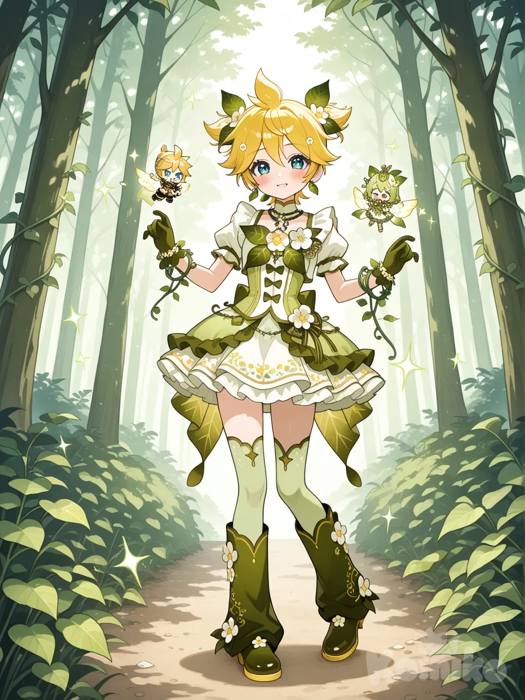 @Kagamine_Len變身成守護森林的魔法少女,服裝款式和裝飾以花草樹木為主 ruffles, corsage, necklace, earrings, bracelet, hair accessory