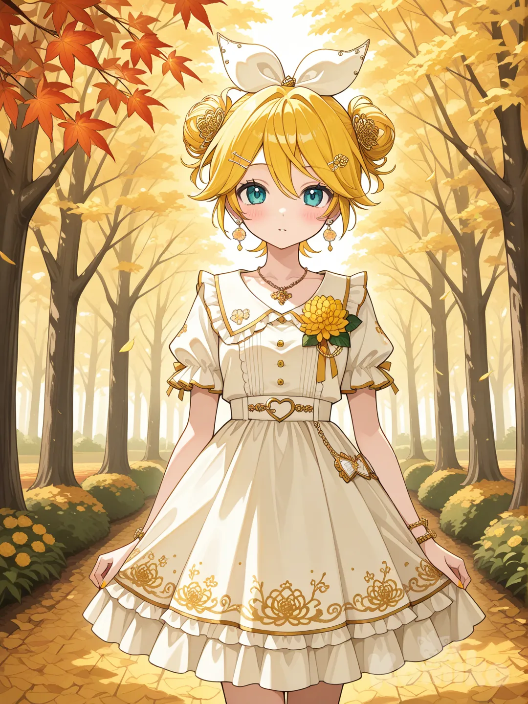@Kagamine_Len變身成菊花的魔法少女,充滿著秋天的氣息和菊花的花香, ruffles, corsage, hair accessory, earrings, necklace, bracelet