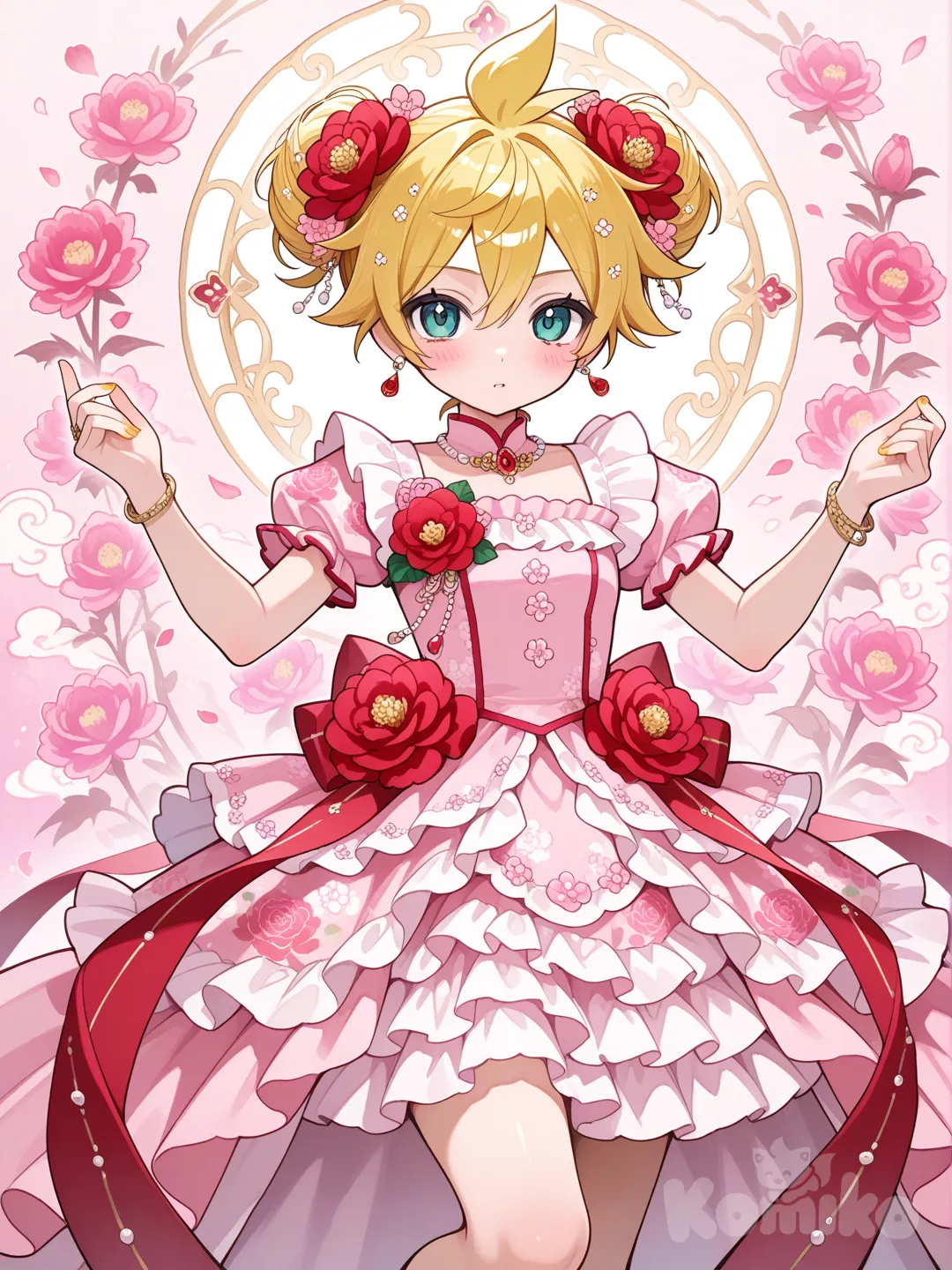 @Kagamine_Len變身成牡丹花的魔法少女,服裝的顏色是牡丹花的顏色,裝飾以牡丹花為主, ruffles, hair accessory, earrings, necklace, bracelet, jewelry, corsage