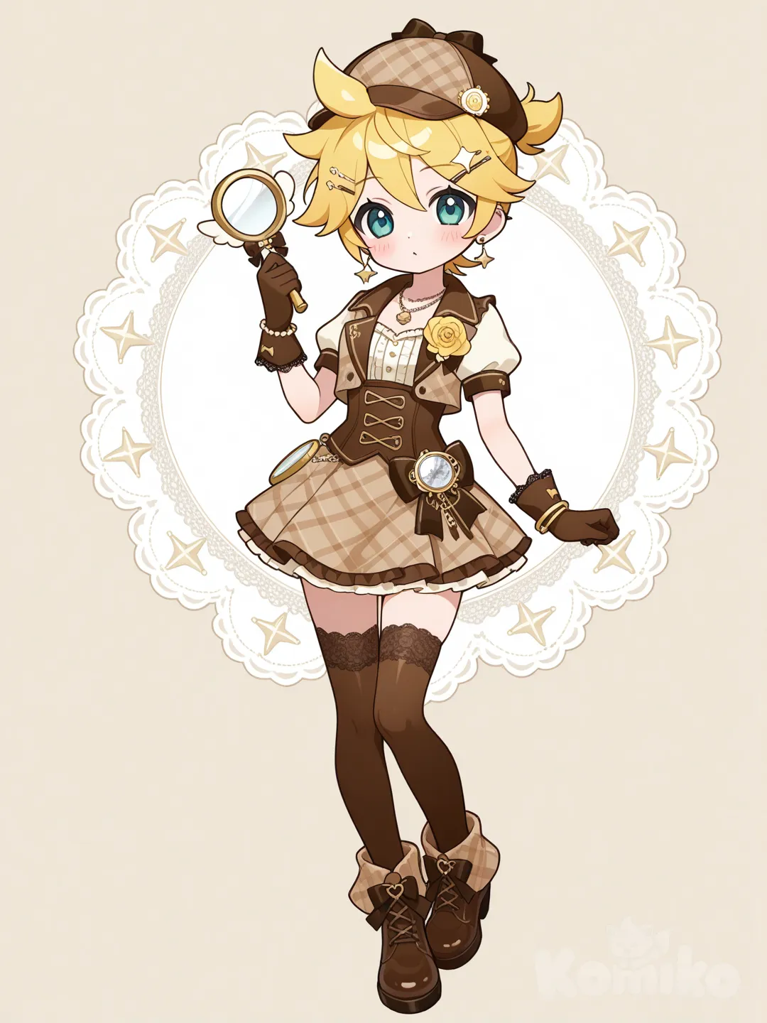 @Kagamine_Len變身成偵探風格的魔法少女,服裝款式是格紋圖樣的可愛偵探風格,裝飾以偵探道具為主, ruffles, lace, hair accessory, corsage, earrings, necklace, bracelet