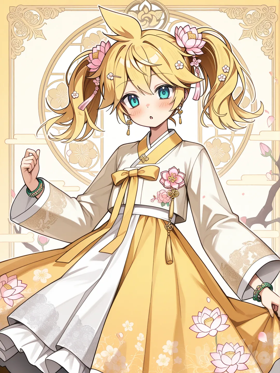 @Kagamine_Len變身成韓國風格的魔法少女,服裝款式是韓國的傳統服飾,裝飾以韓國的花卉和神獸為主, ruffles, lace, hair accessory, earrings, necklace, bracelet, corsage, bun