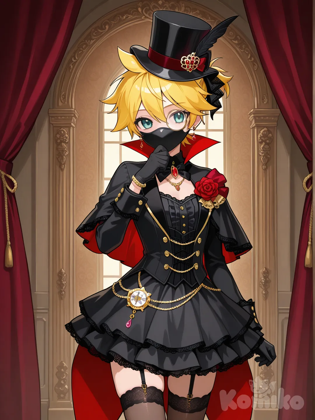 @Kagamine_Len變身成怪盜風格的魔法少女,服裝款式是由燕尾服改造成的小洋裝,裝飾以怪盜的道具為主, ruffles, lace, hair accessory, corsage, earrings, necklace, bracelet, jewelry