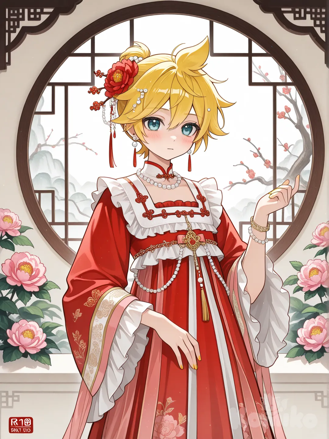 @Kagamine_Len掉進牡丹亭的故事裡變成女主角杜麗娘, ruffles, hair accessory, earrings, bracelet, pearls