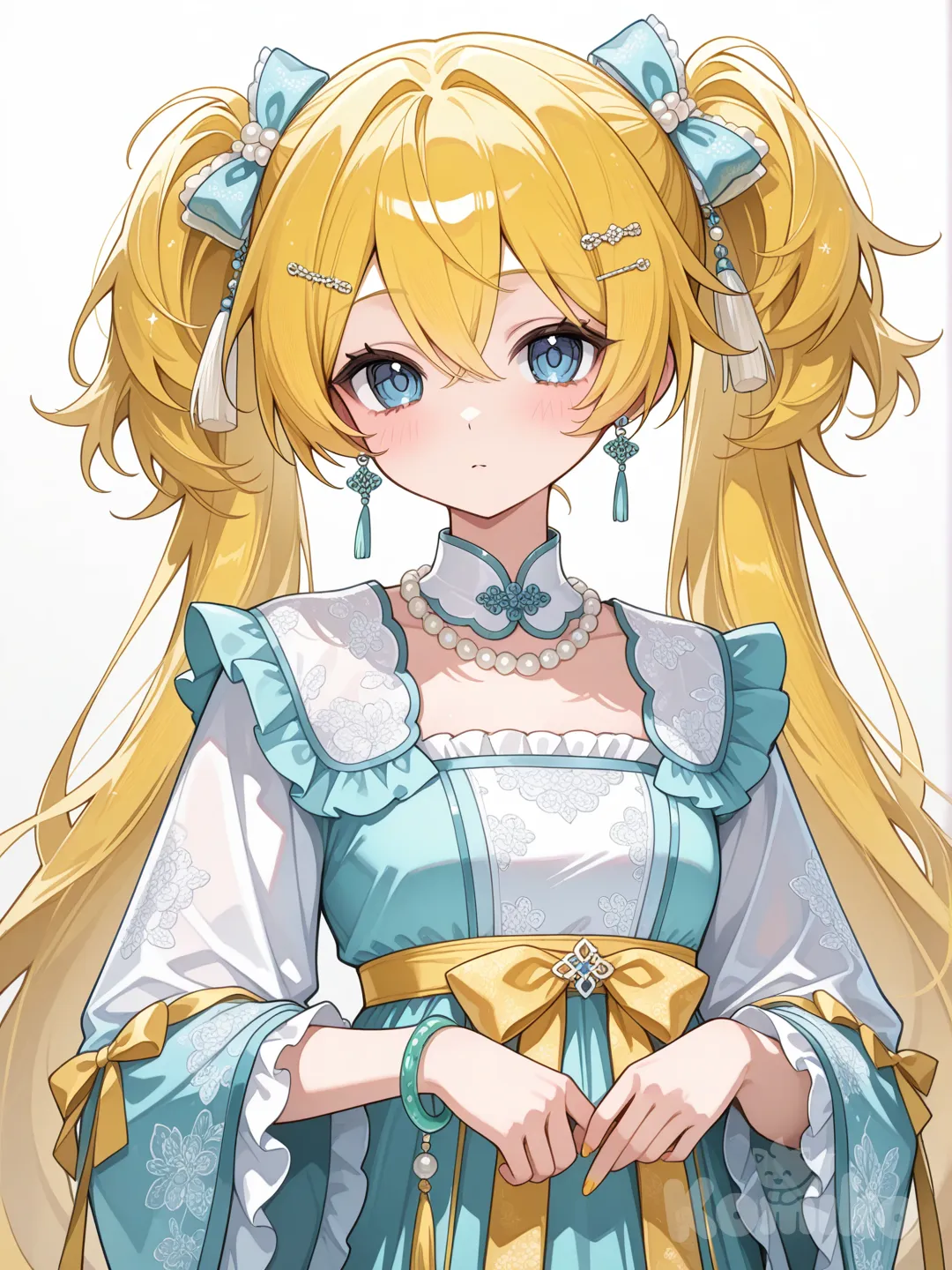 @Kagamine_Len掉進紅樓夢的故事裡變成女主角林黛玉,ruffles, bow, earrings, bracelet, pearls