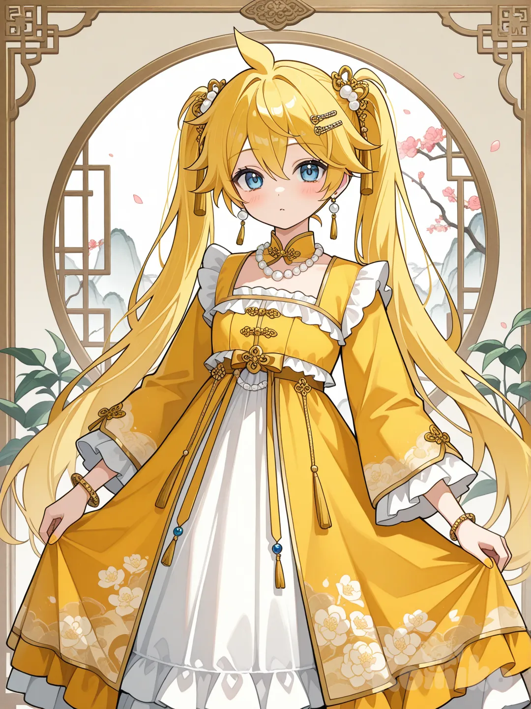 @Kagamine_Len掉進梁祝的故事裡變成女主角祝英台, ruffles, hair accessory, earrings, bracelet, pearls, necklace