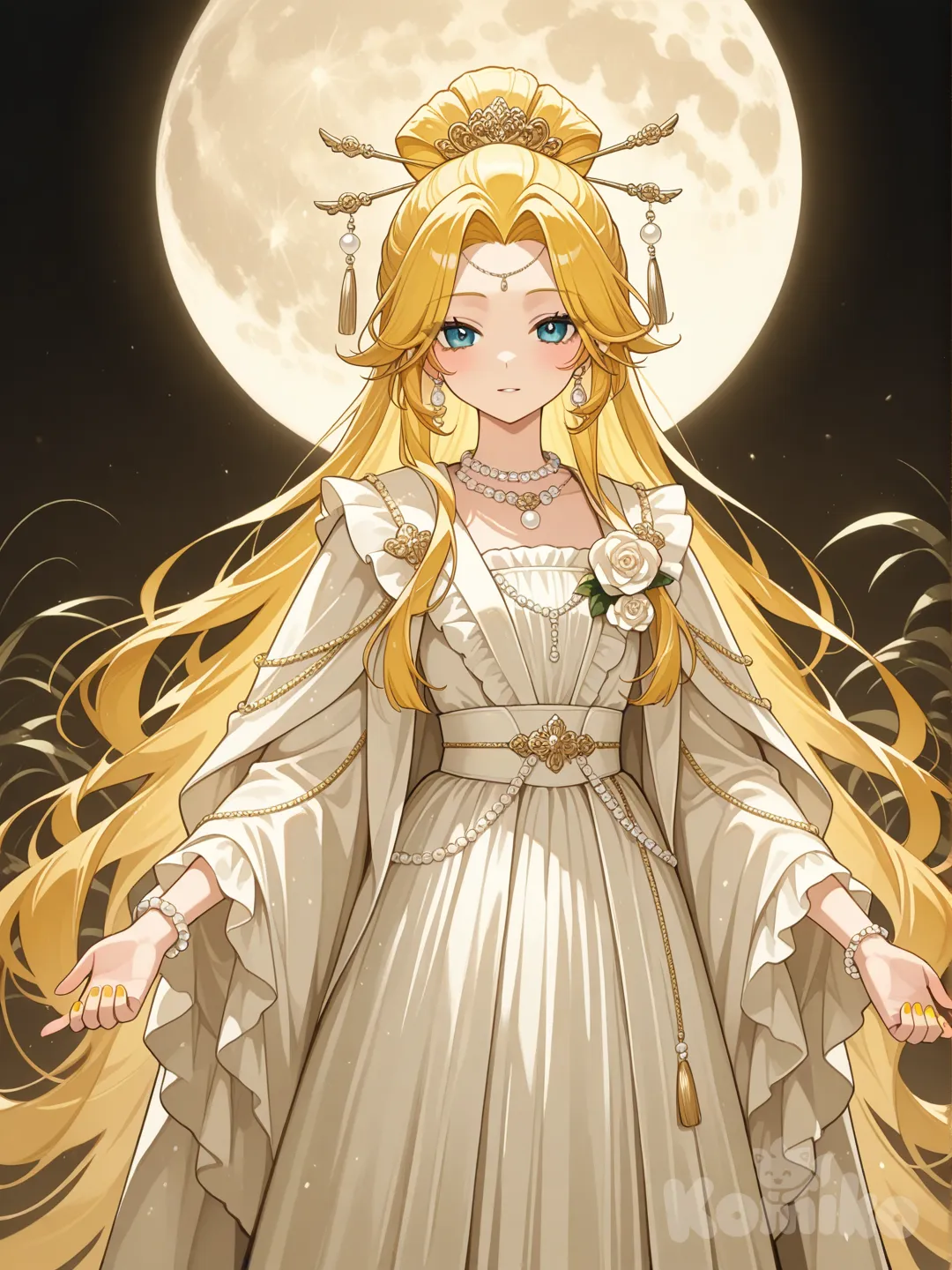 @Kagamine_Len, 掉進輝夜姬的故事裡變成輝夜姬, ruffles, hair accessory, earrings, necklace, bracelet, pearls, corsage