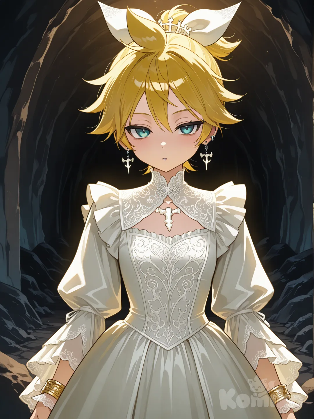 @Kagamine_Len掉進西遊記的故事裡變成白骨精，想吃唐僧肉，天真但魅惑誘人的眼神, ruffles, hair accessory, earrings, bracelet, cave