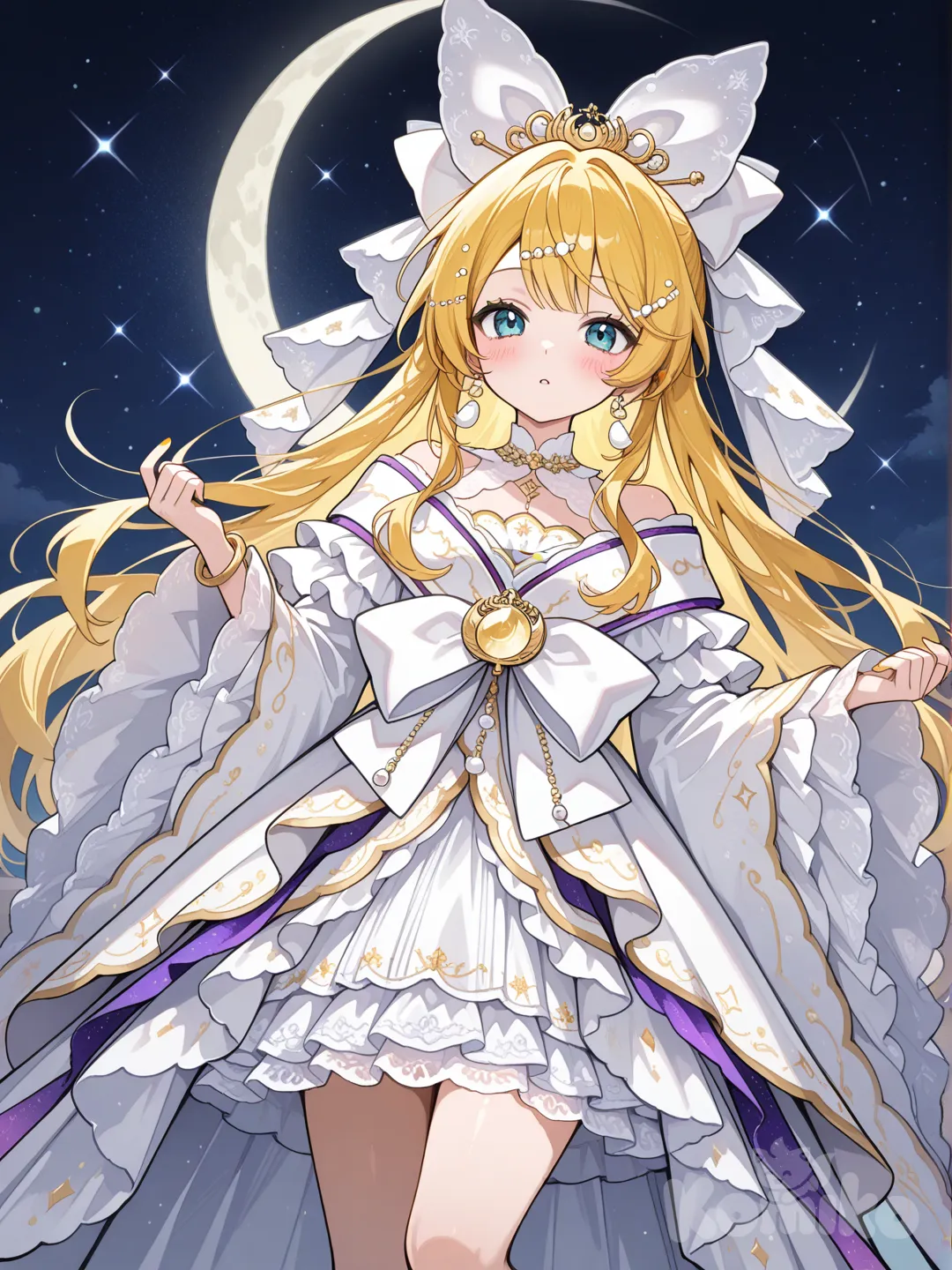 @Kagamine_Len變身成輝夜姬風格的魔法少女,服裝的款式是輝夜姬風格,裝飾以月亮為主, ruffles, lace, hair accessory, bow, earrings, bracelet, diamonds