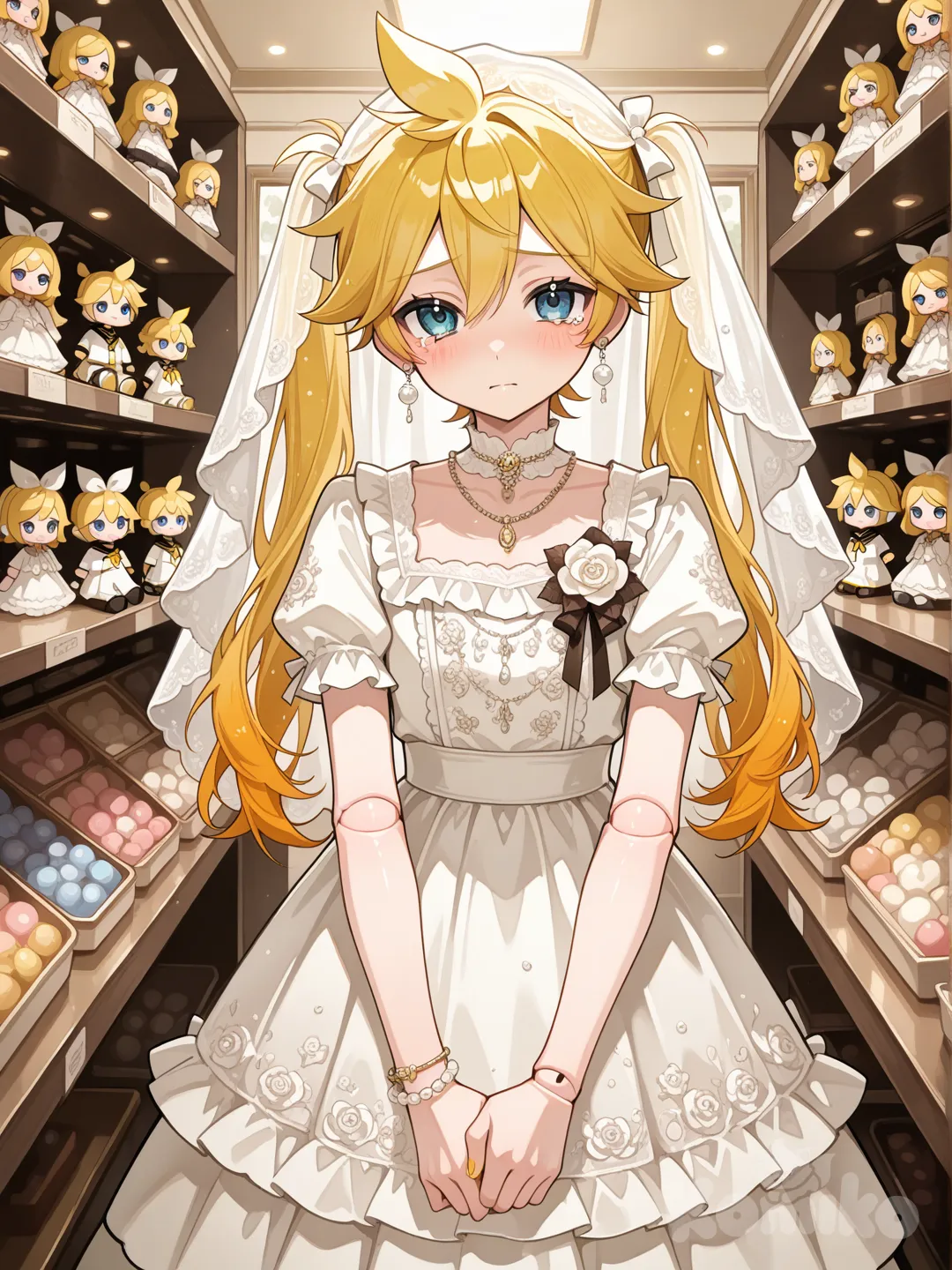 @Kagamine_Len被做成一具精緻的洋娃娃然後放在玩具店裡展示,眼神帶點悲傷,彷彿有無法說出口的悲痛, ruffles, lace, earrings, necklace, bracelet, jewelry, diamonds, pearls, corsage, wedding veil, gradient, twin tails