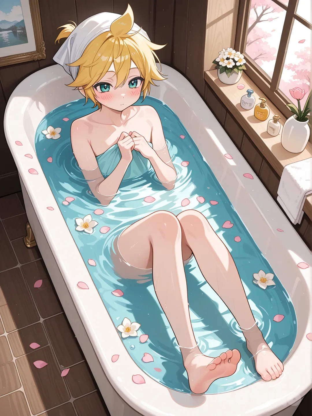 @Kagamine_Len全身泡進花瓣浴裡,水面上有各種花瓣, headscarf
