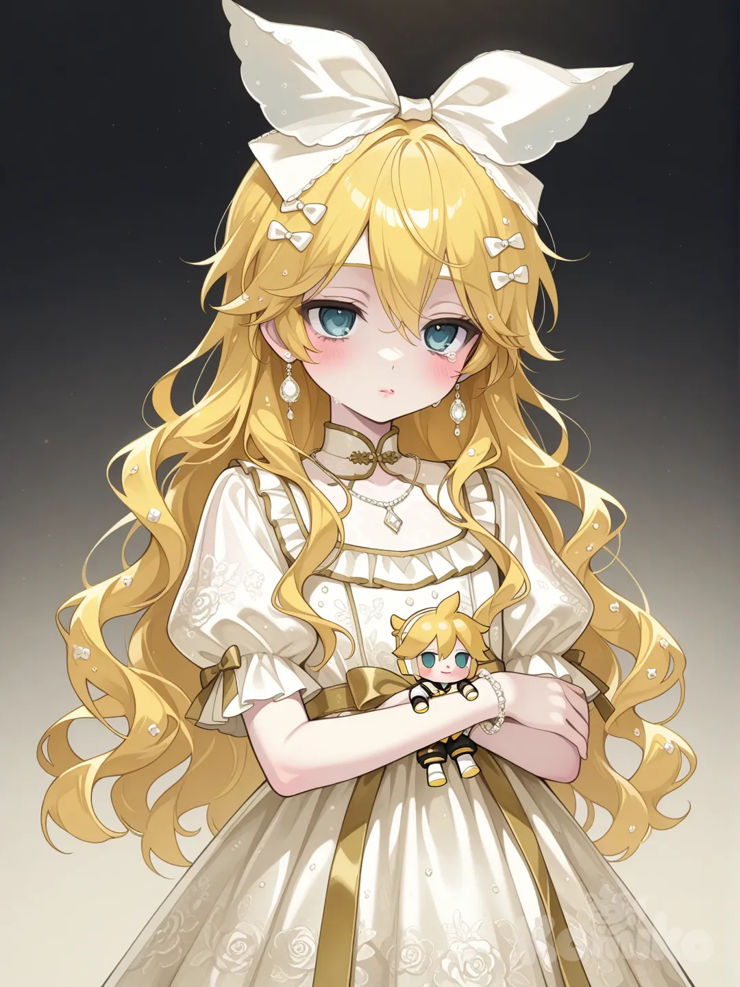 @Kagamine_Len被做成一具美麗精緻的人偶，穿著一身漂亮可愛的洛可可禮服，頭髮變成清純的長捲髮，皮膚白裡透紅，櫻桃小嘴，顯得清純甜美，面無表情帶點淡淡的哀傷, ruffles, lace, hair accessory, bow, earrings, necklace, bracelet, jewelry, diamonds, gradient