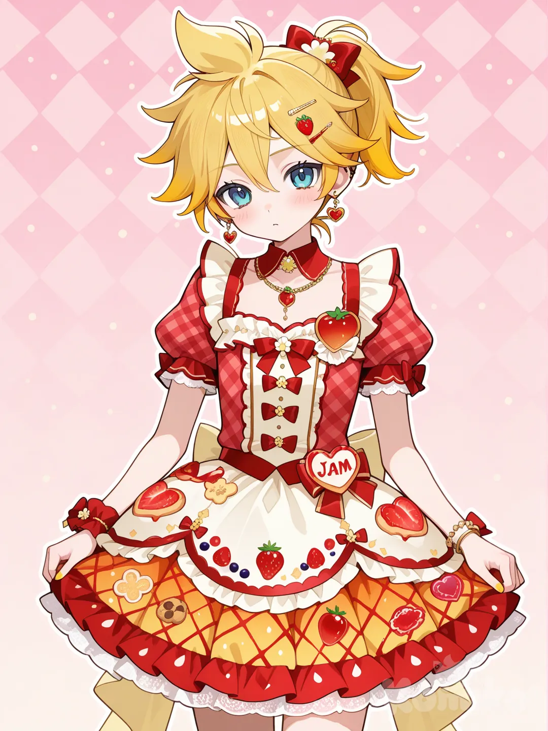 @Kagamine_Len變身成果醬餅乾風格的魔法少女，服裝的圖樣是如同餅乾的格紋，服裝上的裝飾以各種水果的果醬和各種水果為主, ruffles, lace, earrings, necklace, bracelet, hair accessory, hairpin, gradient