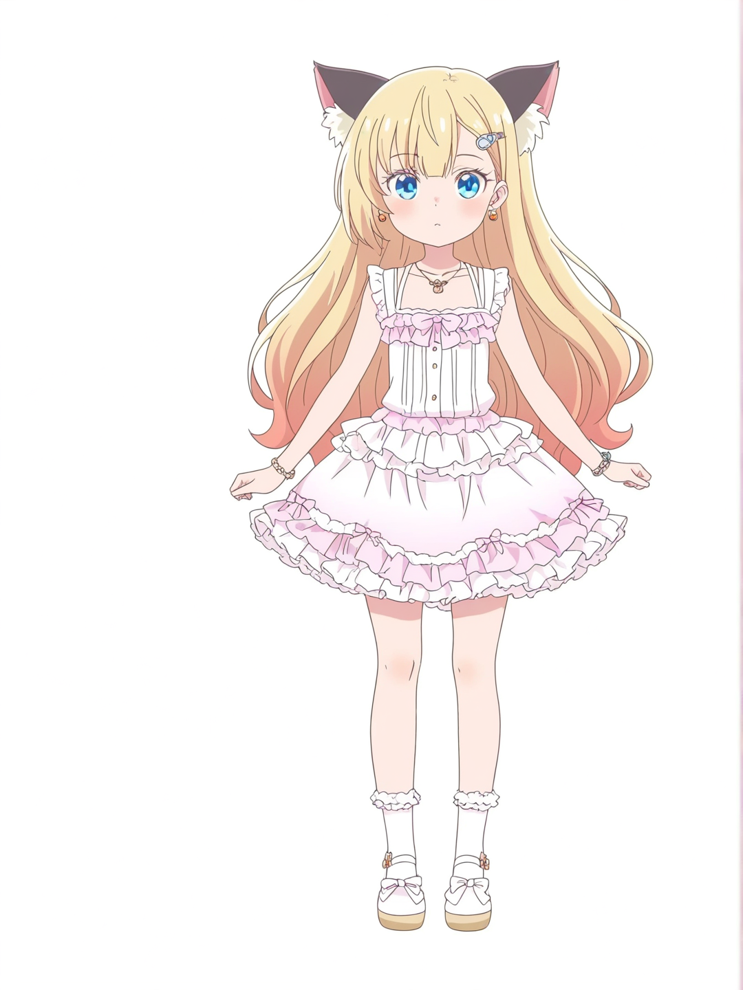 [bright-anime-style] 1girl, lolita_fashion, cute, petite, teenager, long_hair, blue_eyes, dimples, fair_skin, frills, lace, earrings, necklace, bracelet, cat_ears, jewelry, hair_ornament, hairclip, single_character, full_body, looking_at_viewer, anime_style, simple_background, white_background