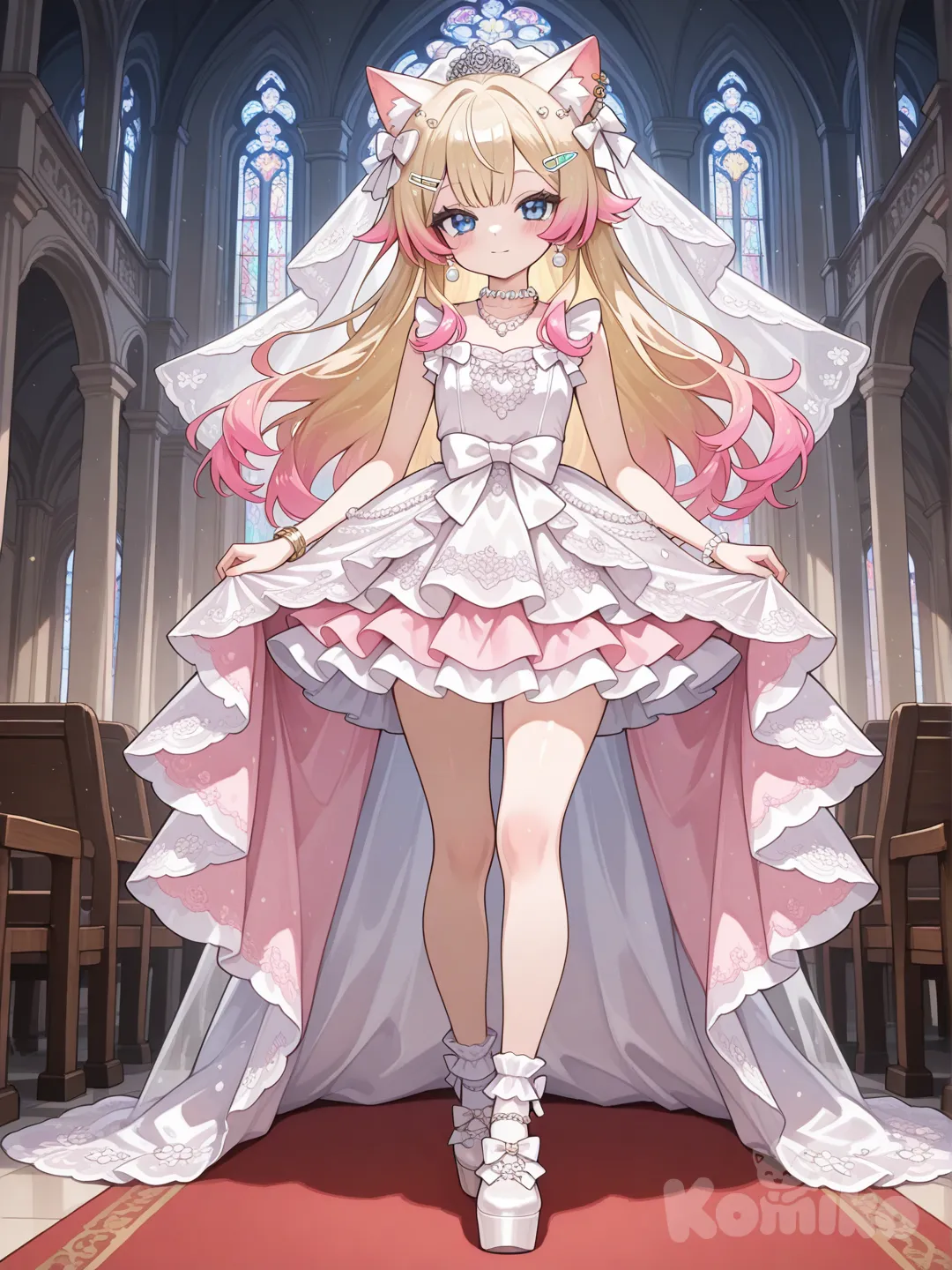 @xi-li-ya-7jrQ幻想自己穿著婚紗的樣子, ruffles, wedding veil, hair accessory, gradient, lace, earrings, necklace, jewelry, bracelet, diamonds, pearls, bow, sle, church