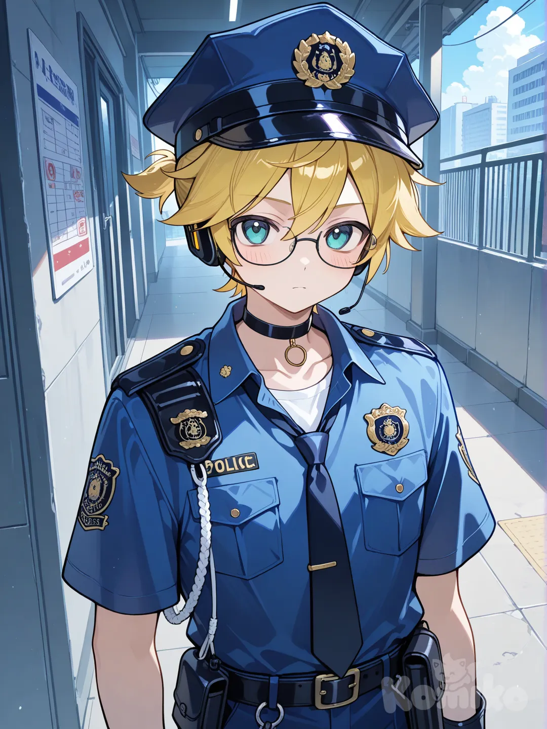 @Kagamine_Len穿帥氣的警察服，背景是派出所, choker, glasses