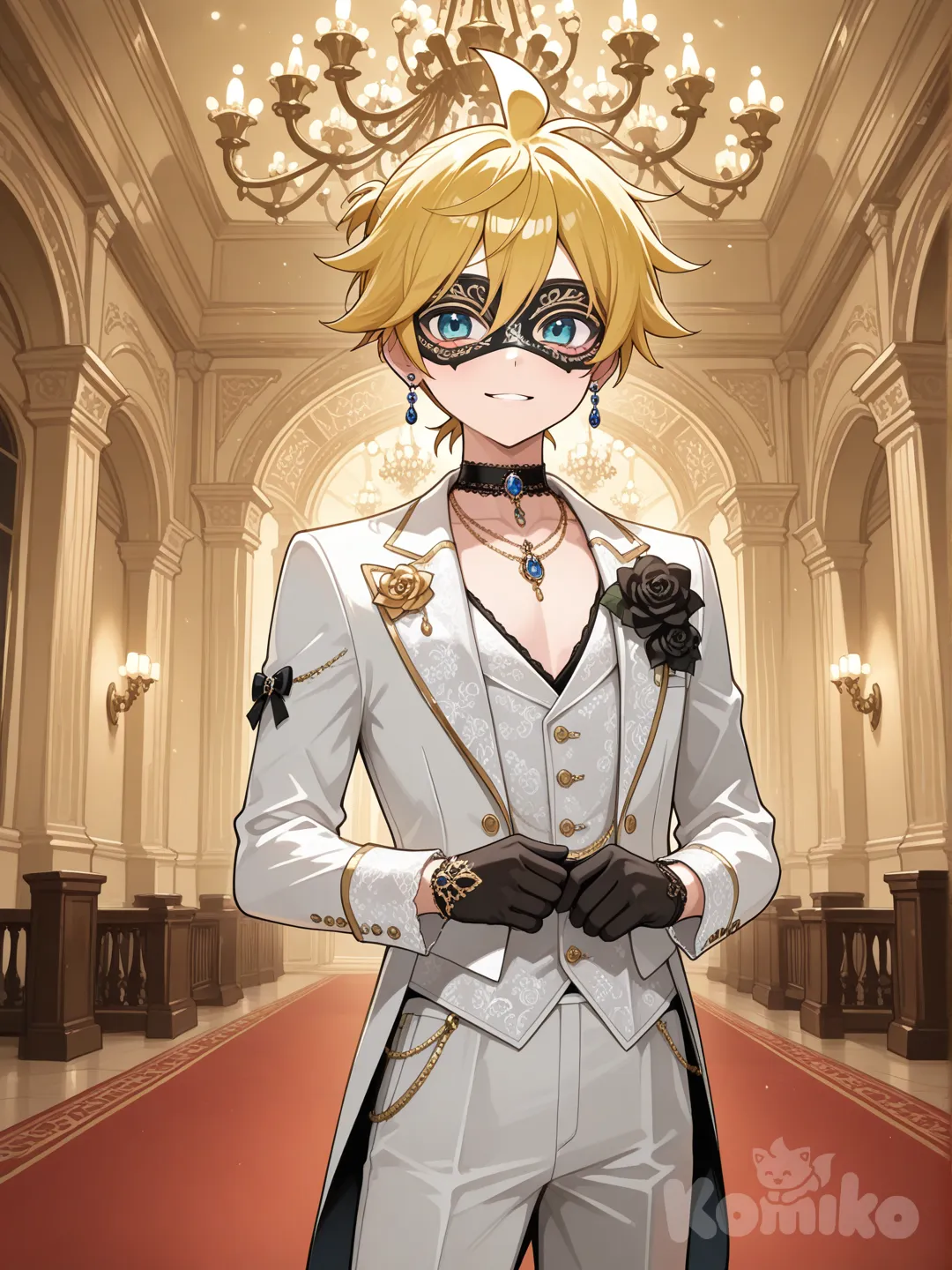 @Kagamine_Len飾演羅密歐與茱麗葉中的男主角羅密歐，俊美的模樣，臉上戴著假面舞會的面具,置身於舞廳中， corsage, jewelry, choker, tuxedo, sle