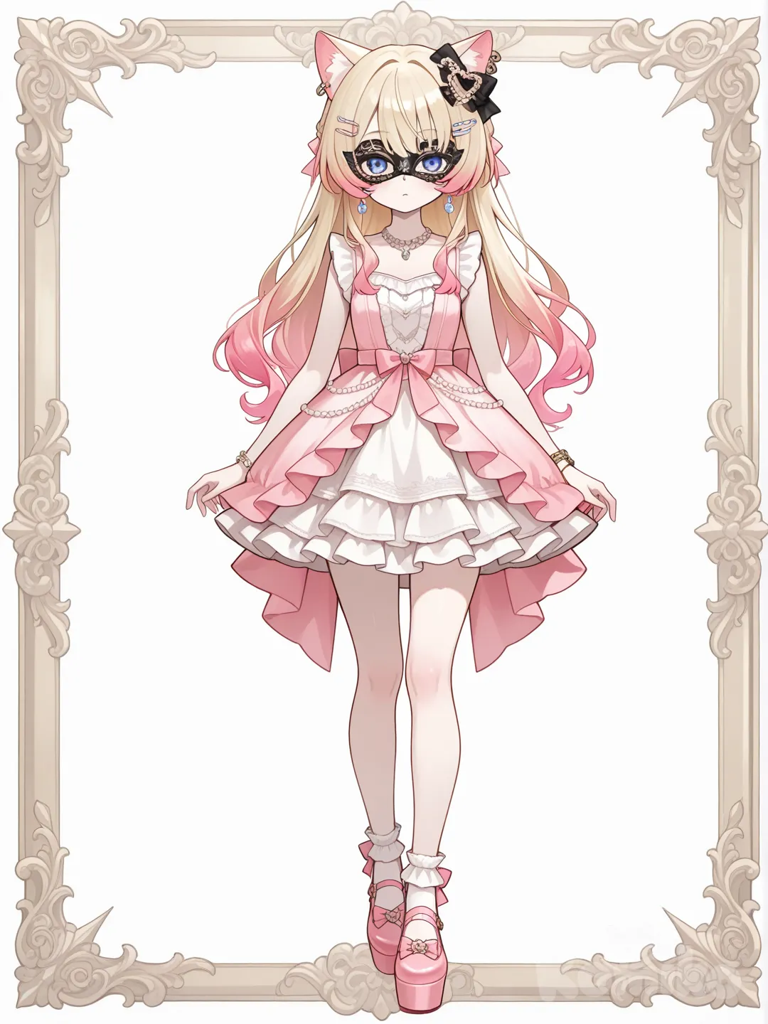 @xi-li-ya-7jrQ幻想自己變成美麗的名媛淑女,臉上戴著假面舞會的面具, evening dress, ruffles, lace, hair accessory, earrings, necklace, jewelry, diamonds, pearls, bracelet, sle