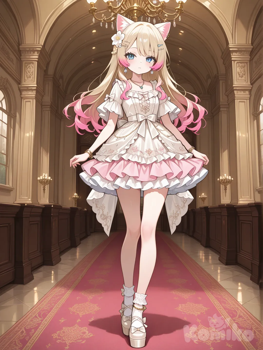 @xi-li-ya-7jrQ飾演羅密歐與茱麗葉中的女主角茱麗葉,顯得如同茉莉花般的清純美麗,置身於舞廳裡, evening dress, ruffles, lace, hair accessory, earrings, necklace, jewelry, diamonds, bracelet, gradient, sle