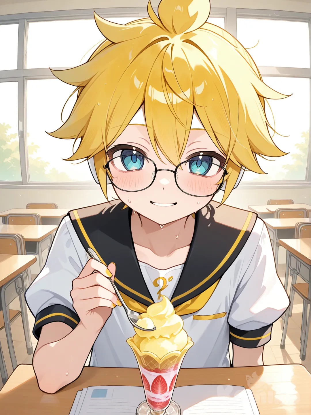 @Kagamine_Len夏天時請你吃冰淇淋, school uniform, glasses, classroom