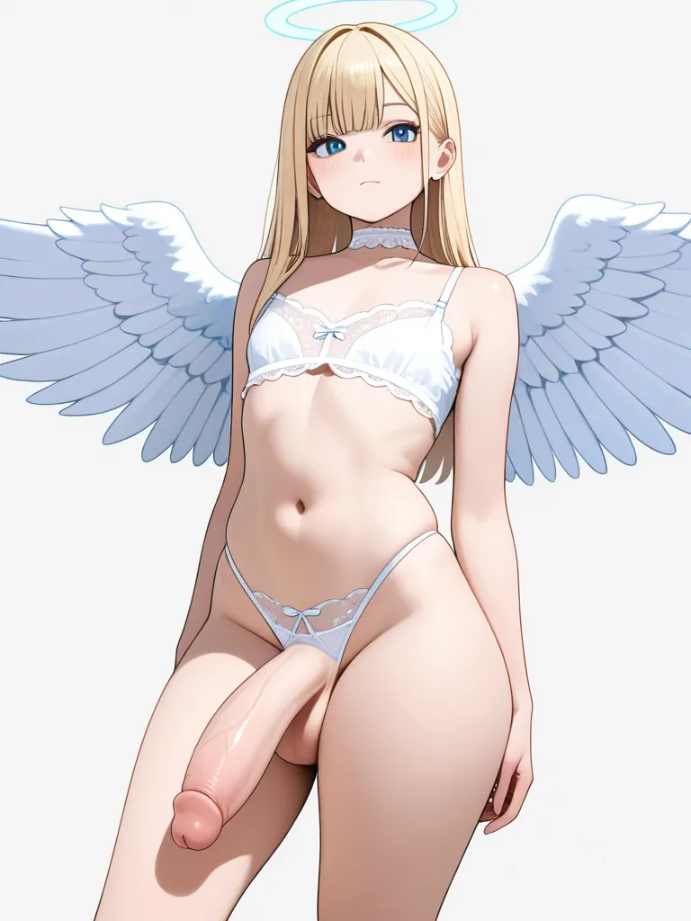 1boy, femboy, blonde_hair, huge_penis, large_ass, thick_thighs, slim_waist, lingerie, angel_wings, choker, solo, full_body, looking_at_viewer, anime_style, simple_background, white_background
