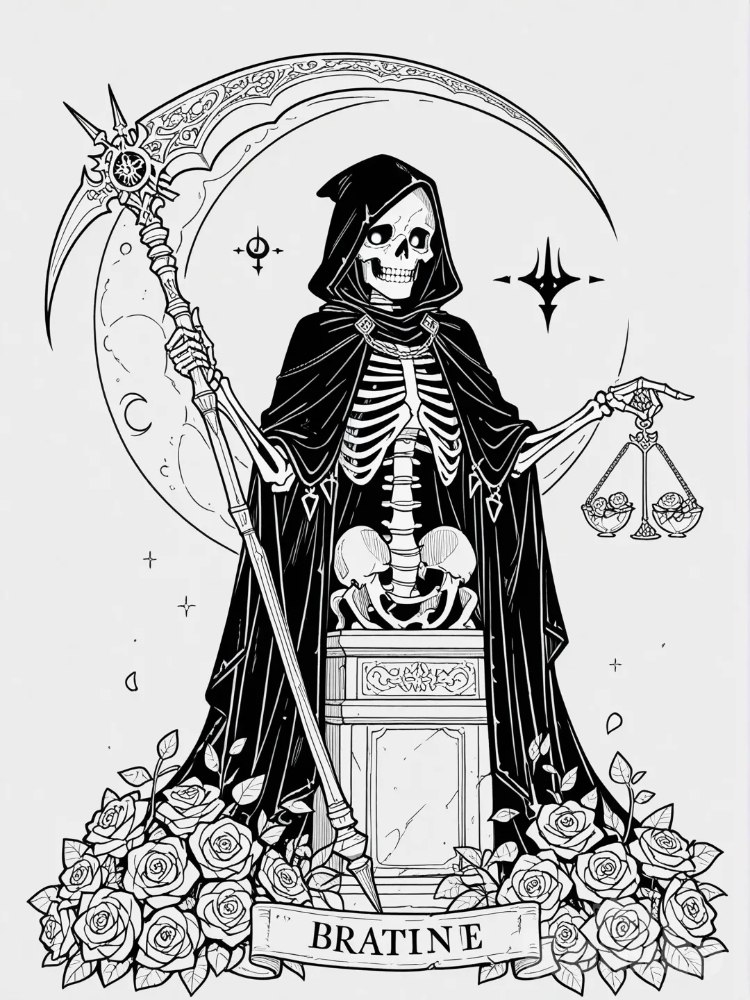 esqueleto con una capa y capucha , capa cerrada, cap negra,sosteniendo en una mano una guadaña, en la otra mano una balanza, sobre una.media luna de rosas bien definidas, en blanco y negro, líneas y vectores,mostrando solo medio cuerpo, la guadaña apuntando hacia abajo de frente mirando al espectador, líneas gruesas, líneas más mercadas y robustas, guadaña amenazante, guadaña detalla y robustas, white background, balanza detallada y robustas