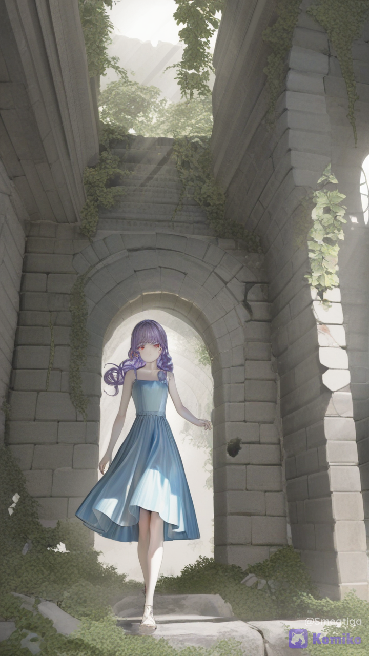 Donsella de cabello en bucles Violeta y ojos rojos con piel blanca caminando entre las ruinas de un castillo absorbido por la naturaleza con un vestido azul lapila lazuli iluminada por el sol que entra por las hendiduras y agujeros que hay en los muros del Castillo, [soft-glossy-style]