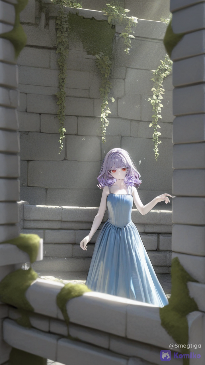 Donsella de cabello en bucles Violeta y ojos rojos con piel blanca caminando entre las ruinas de un castillo absorbido por la naturaleza con un vestido azul lapila lazuli iluminada por el sol que entra por las hendiduras y agujeros que hay en los muros del Castillo, [soft-glossy-style]