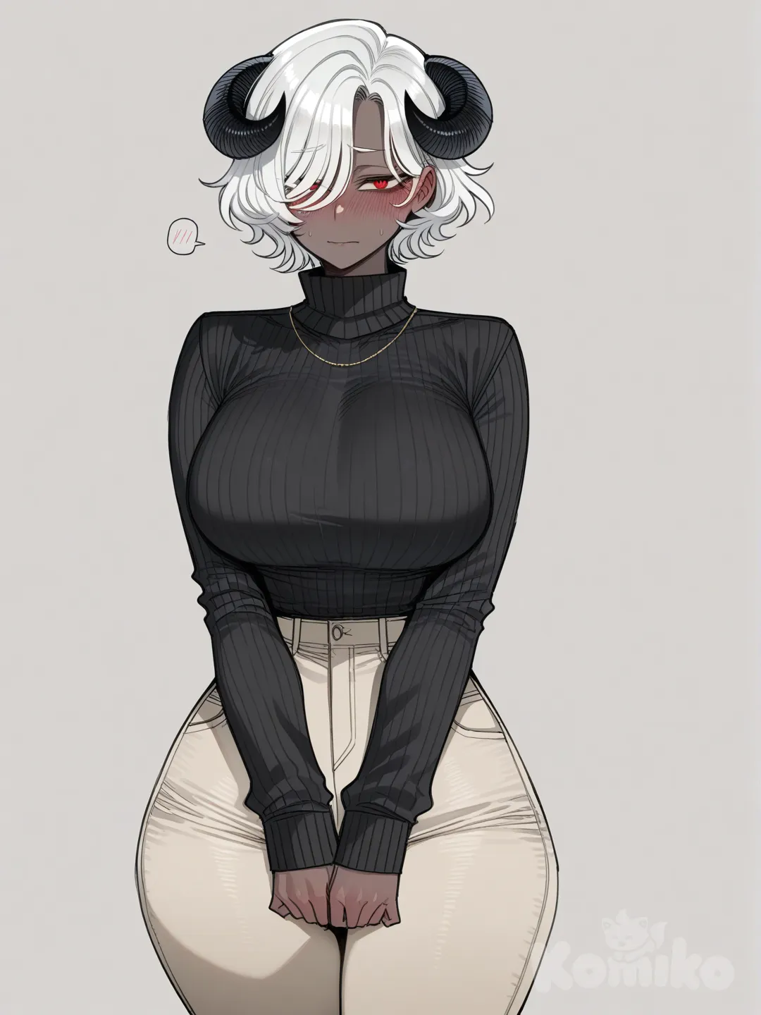 ((ratatatat74)), personagem feminina com pele negra, a personagem é uma mulher negra, cabelos, ela tem cabelos brancos ondulados um pouco curto com franja, corpo sexy de milf porém atlético, olhos vermelhos com pupilas negras afiadas, e ela tem chifres negros curvados de demônio, e ela usa suéter preto e calça jeans cor bege, e a expressão facial da personagem é tímida