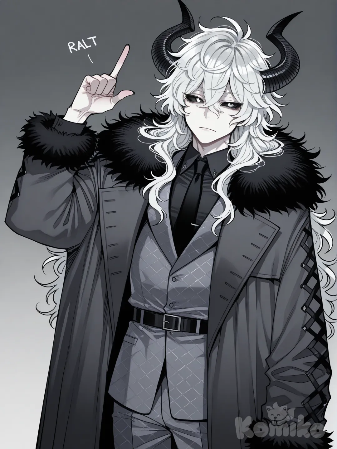 ((ratatatat74)), homem com cabelo branco e desgrenhado levemente ondulado, esclera preta com íris branca, pele branca e dois chifres curvados negros que se projetam de sua cabeça pra cima. Ele veste um grande casaco cinza-escuro com acabamento em pele e losangos pretos na bainha, um terno composto por camisa social cinza escuro e gravata preta, paletó.